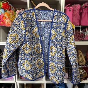 Express Blue & Yellow Quilted Open-Front Jacket Reversible
